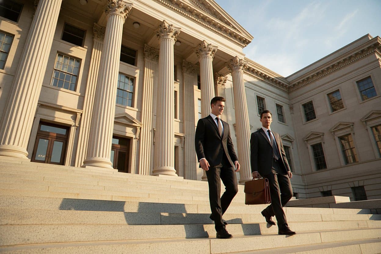 Client exiting courthouse with supportive attorney