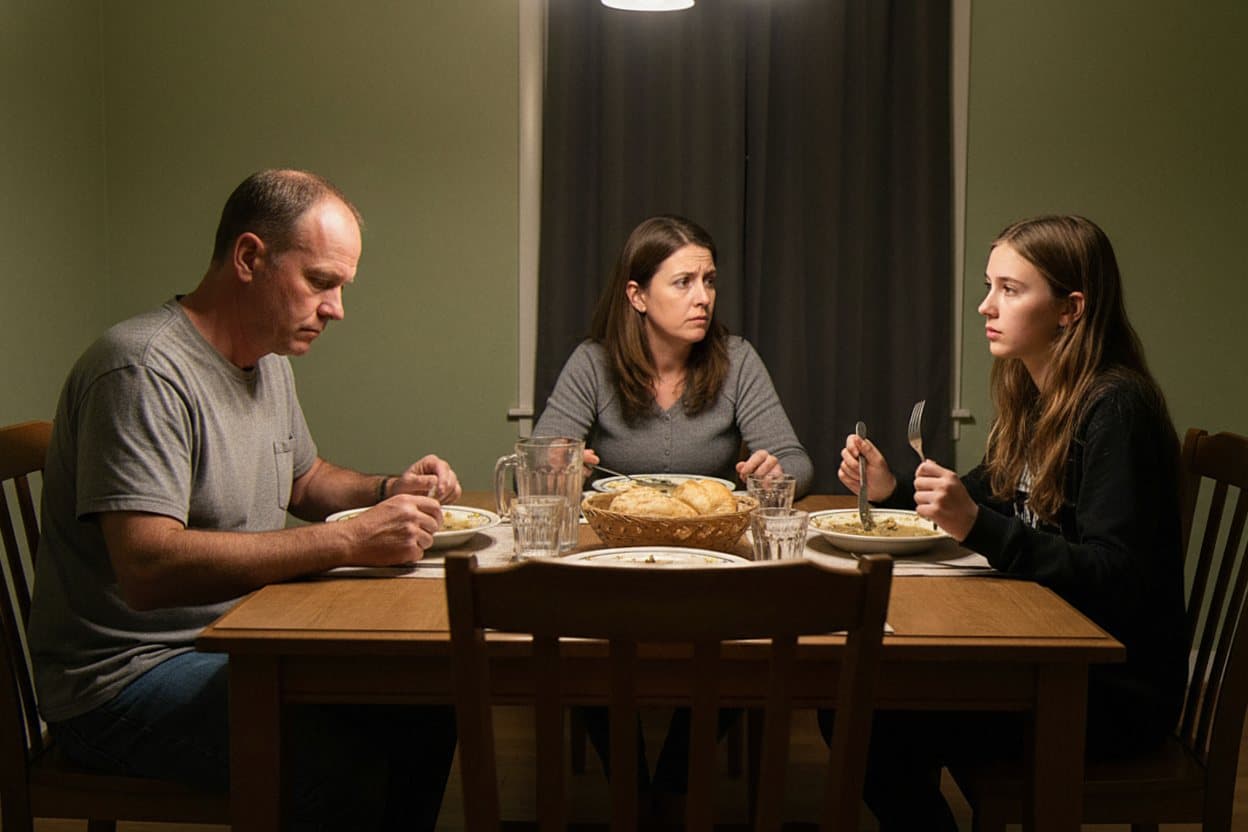 Family dinner table with tension and worry