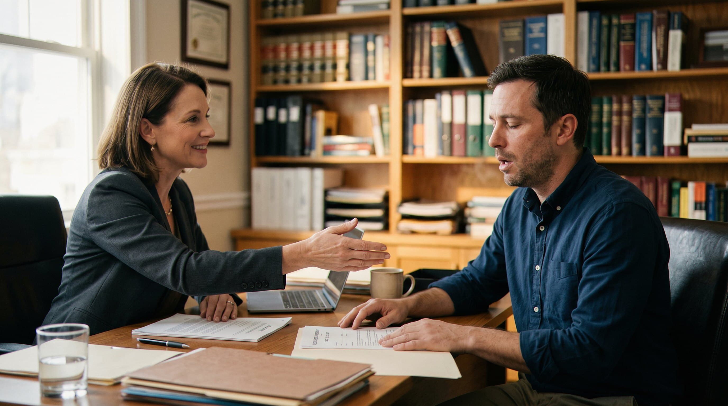 Client feeling relief in attorney's office